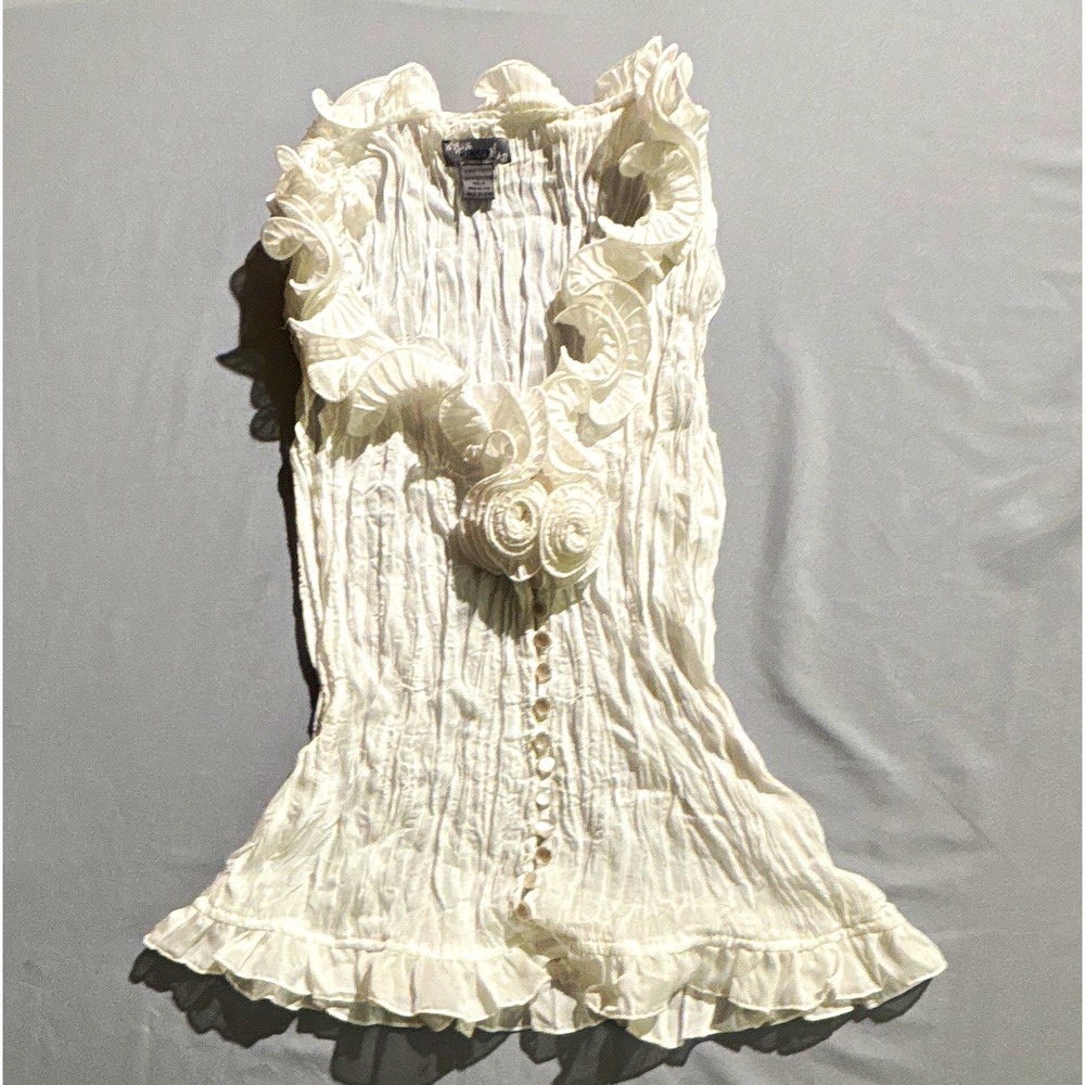Poetry Clothing White Crinkle Ruffle Sleeveless Blouse Rosette Button Top Small